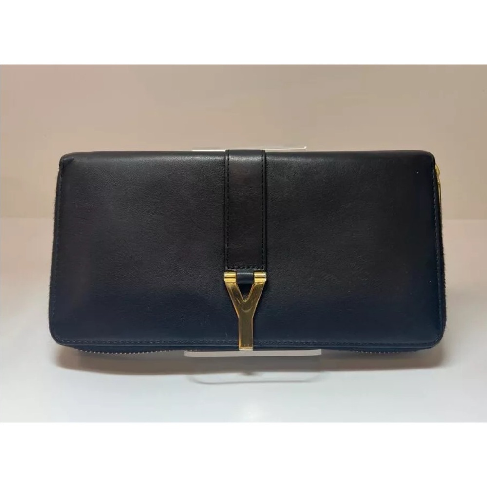 Authentic Saint Laurent Paris Classic  Zip  Black Continental Leather Wallet